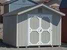 10x12 Front Entry Peak Style Storage Shed with Light Grey Engineered LP Smart Side Siding, White Trim, Double Doors, and Gable End Vents